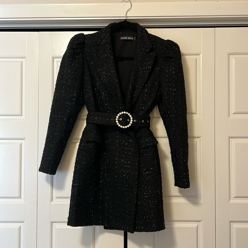 Lavish Alice Black Houndstooth Puff Long Sleeved Dress, Size 4